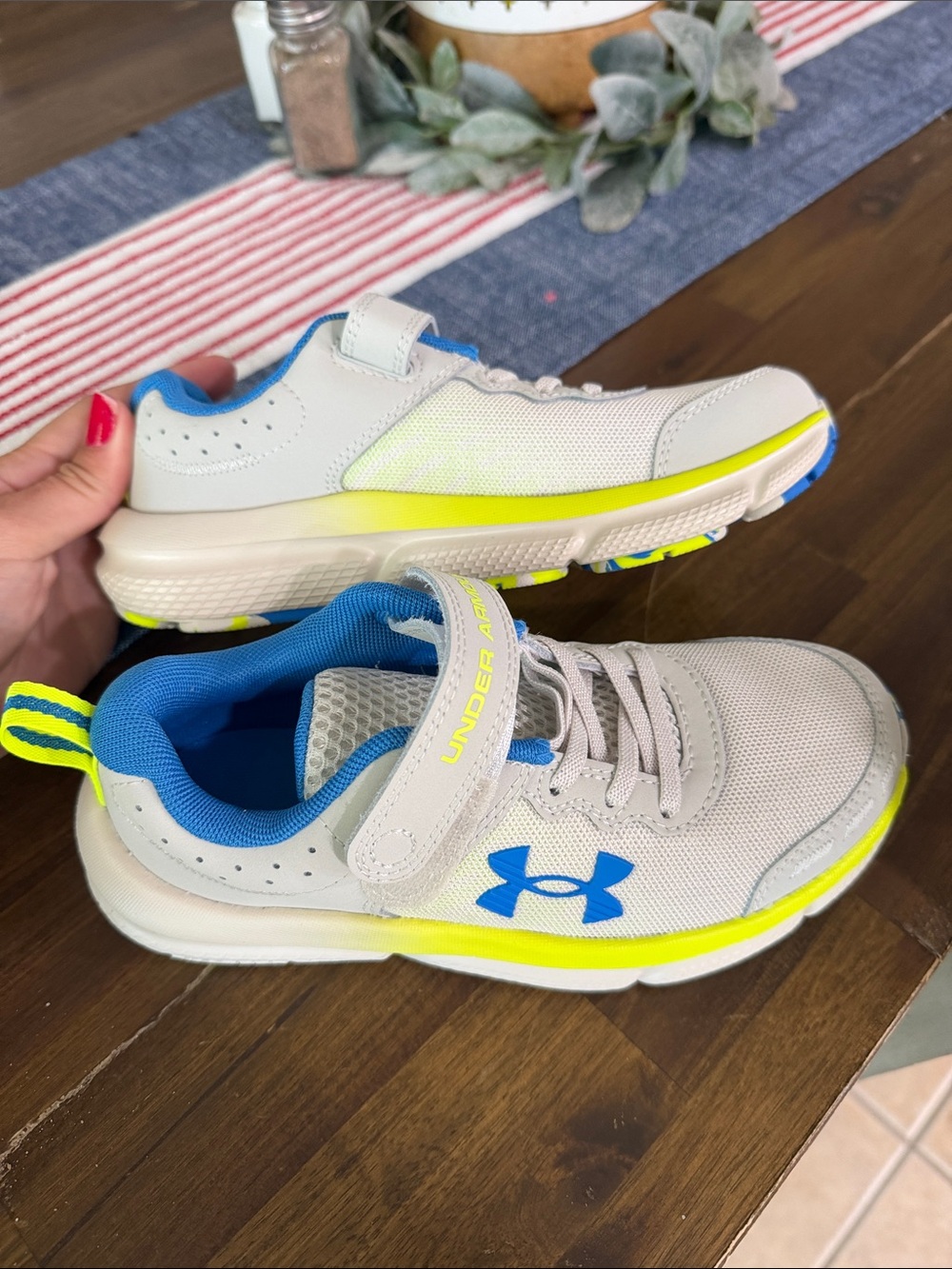 Under Armour Kids Light Gray, Blue & Neon Yellow Sneakers
